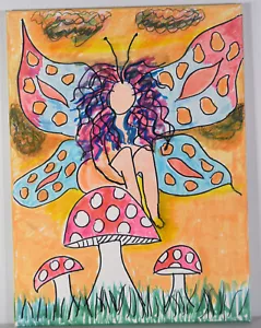 16" Painting Canvas Childrens Room Little Fairy On Mushrooms Cute Inocent Art - Picture 1 of 4
