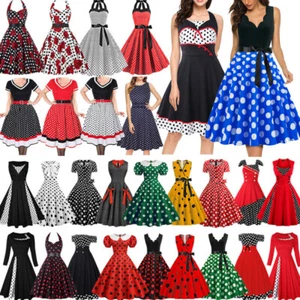 Retro Women Polka Dot Swing Dress 50s 60s Rockabilly Cocktail Eveining Party ❤-- - Picture 1 of 98