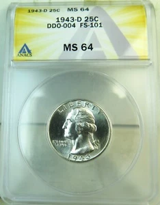 1943 D Washington quarter ANACS MS64 *FS 101 DDO-004* BR - Picture 1 of 3