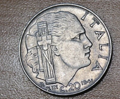 Moneda Italia 1941 20 Centesimi Acero Inoxidable Borde Caña Segunda Guerra Mundial Foto 1 de 2
