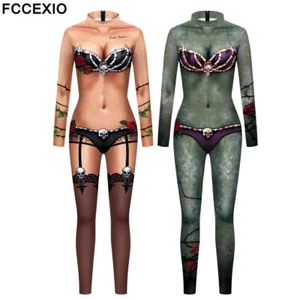 Women 3D Print Skull Head Jumpsuit Bodysuit Halloween Party Cosplay Costum S-2XL - Picture 1 of 11