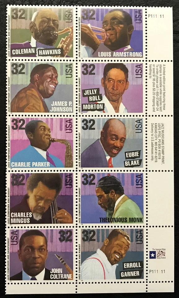 1995 Scott #2983-92 - 32¢ JAZZ MUSICIANS - Plate Block of 10 - Mint NH - Image 1 of 1