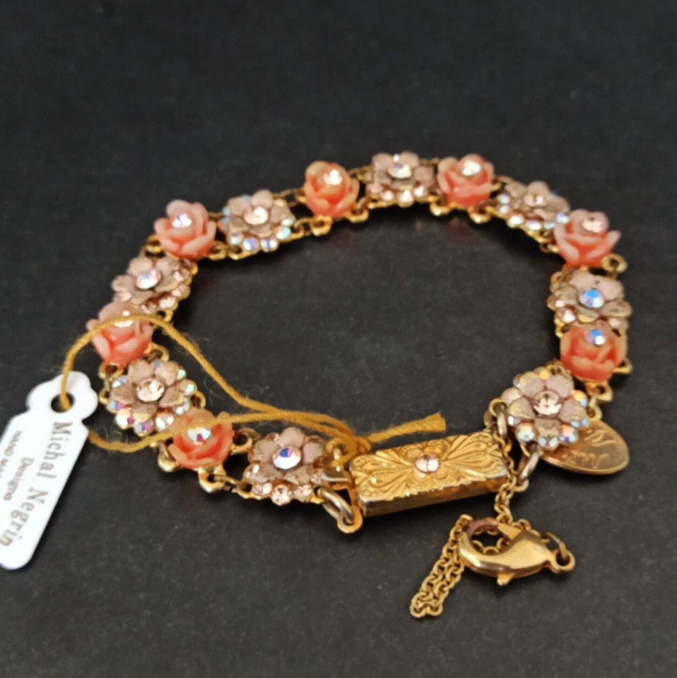 Pulsera Michal Negrin Tallada Rosas Chapado en Oro Cristales Aurora Boreal Floral Foto 1 de 4