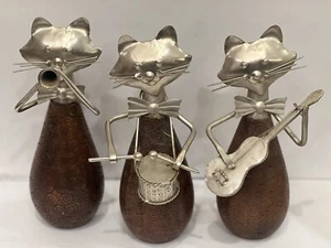 1990s FOLK ART Pier 1 Cats Musician Figurines Set of 3 Wood & Metal Statues 10" - Picture 1 of 19