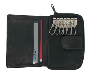 Black Genuine Leather Men's Keychain Holder Key Ring Accordion Coin Wallet - Picture 1 of 8