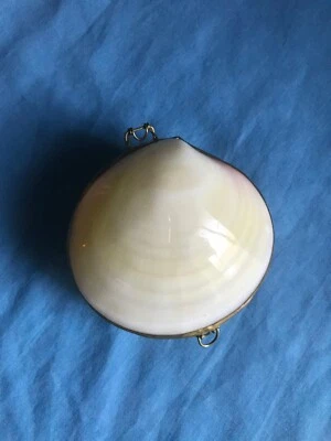 Monedero vintage blanco y rosa con bisagras pulido con caparazón de almeja ~ baratija/caja de pastillas Foto 1 de 4