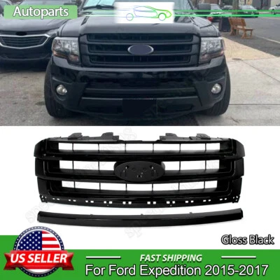 For 2015-2017 Ford Expedition Front Upper Bmuper Grille & Lower Trim Gloss Black Foto 1 de 4