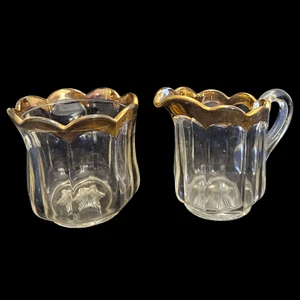 Vintage EAPG Clear Glass Sugar Creamer Set Gold Trim Scalloped Rim Star Base - Picture 1 of 3