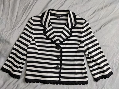 St John Blazer Womens Size 10 Black & White Striped Santana Knit Ruffle Trim - Image 1 of 4