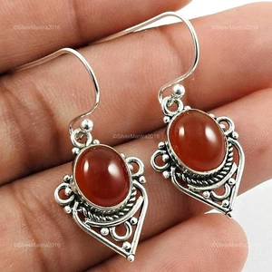 Pendientes De Artesanía De Óvalo De Carnelian De Plata 925 Con Gancho Colgante - Imagen 1 de 8