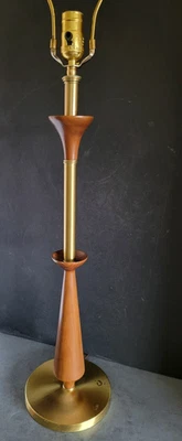 Vtg Mid Century Modern REMBRANDT Sculpted Wood and Brass Tall Table Lamp - Image 1 of 4