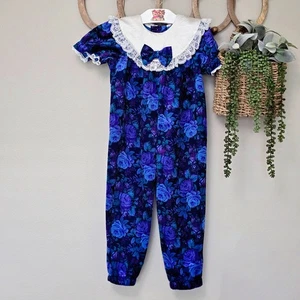 🌹 Vintage 1990's Velour Rose Print Romper Size 4T | Floral Jumpsuit Lace Collar - Picture 1 of 5