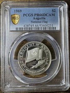 Anguila 1969 plata 2 dólares bandera nacional graduación profesional PR 66 DCAM - ¡Muy poca acuñación! - Imagen 1 de 4