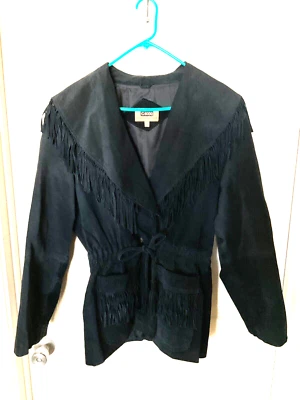 Chaqueta de cuero de gamuza negra vintage abrigo occidental con flecos nativos talla L Foto 1 de 4