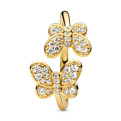 Anillo abierto mariposa plata esterlina maciza oro PL pavé mariposas piedras transparentes Foto 1 de 4