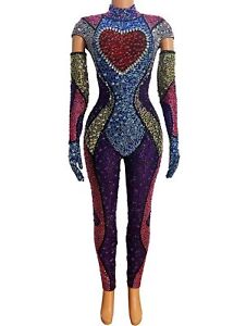 Luxury Full Colorful Rhinestones Jumpsuit Performance Stretch Bodysuit Costume 