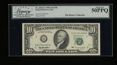 DBR 1995 $10 FRN Chicago Fr. 2032-G Legacy AU-50 PPQ Serial G24784005E - Image 1 of 2