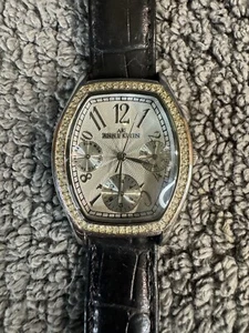 Anne Klein watch 10/6873 Crystal Bezel Silver Tone Black Leather Band New Batter - Picture 1 of 4