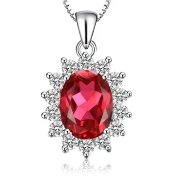 White gold finish red ruby and created diamond oval pendant necklace gift boxed  - Image 1 of 2