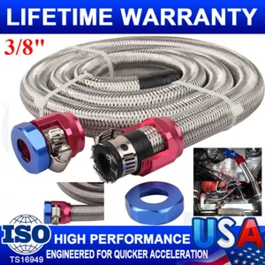 Universal 3/8 Fuel Line Kit Hose Blue Clamps Stainless Steel Flex Braided Oil - Picture 1 of 12