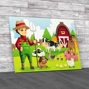 Farmer At His Farm With A Bunch Of Farm Animals Canvas Print Large Picture Wall - Picture 1 of 12