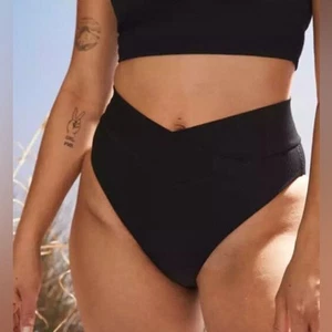 NWT Aerie Ribbed Crossover High Waist High Cut Cheeky Bottom in Black - Size XS - Picture 1 of 6