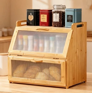 Brotkasten Bambus Brotkiste Brotbehälter , 2 Etagen und Sichtfenster - Bild 1 von 8
