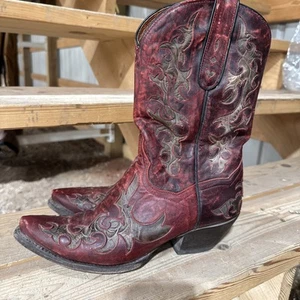 Dan Post Red Tooled Leather Sole Cut Out Boots Mexico 8.5 - Picture 1 of 8