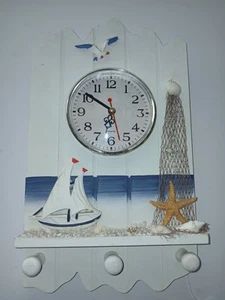 Beach Wall Clock Sailboat, Starfish, Seagull Net Ocean Seashore Seashell Analog - Picture 1 of 2