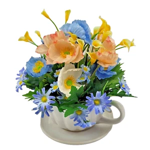 FLOWER ARRANGEMENT Colourful Poppies Daisies & Lilies in White Ceramic Teacup - Picture 1 of 8