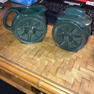 Vtg. Frankoma Wagon Wheel Cream And Sugar Set Dark Green Maybe Forest Green - Picture 1 of 4