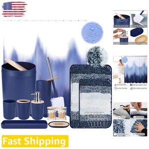 Complete Navy Blue Bathroom Accessories Set with Misty Forest Shower Curtain - Picture 1 of 8