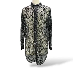Vtg 70s 80s Black Lace Long Sleeve Tunic Shirt Dress Sexy Lace Silver Black S - Picture 1 of 16
