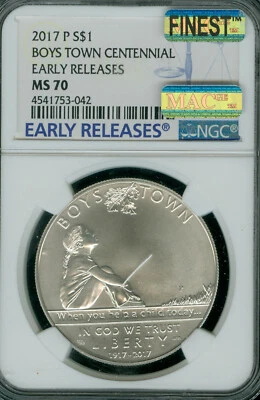 2017 P BOYS TOWN SILVER DOLLAR NGC MAC MS70 ER RAREST IN SERIES MAC SPOTLESS . - Image 1 of 2