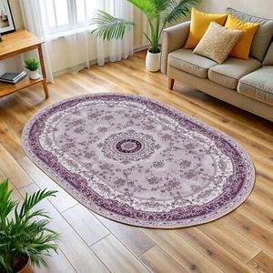 Oval Lilac Boho Rug, Muted Purple Oushak Area, Pastel Lavender, Antique Floral - Picture 1 of 13
