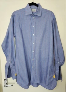 AQUASCUTUM Mens Double Cuff Blue Red White Stripe Long Sleeve Shirt 39cm 15.5" - Picture 1 of 8