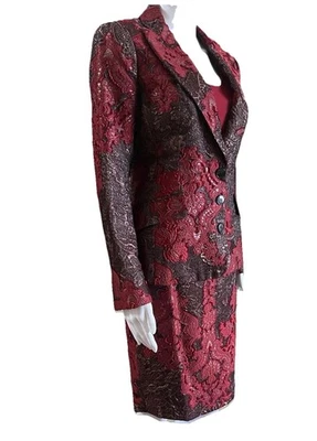 Vintage European Luxury Fotini 3Pc Red Silk Skirt Suit Size 6 Career Church Suit - Image 1 of 4