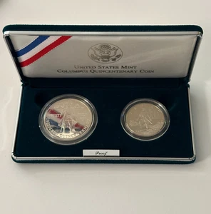 1992-P Columbus 400th Proof Silver Dollar & Clad Half Dollar 2-Coin Set OGP+COA - Picture 1 of 22