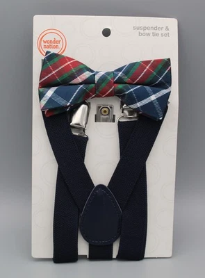 Wonder Nation Boys Suspender & Bow Tie Set Christmas 3+ One Size Navy Green Red - Image 1 of 2