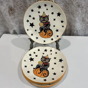 ELI + ANA Set/4 Moxy Vintage Cat 8.5” Ceramic Salad Plates Halloween - Picture 1 of 3