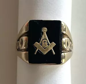 Anello uomo massonico massonico vintage oro giallo 10 kt onice nera misura 10 7,2 grammi - Foto 1 di 5