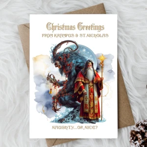 St.Nicholas & Krampus Folklore Pagan Christmas Card & Kraft Envelope Choose Size - Picture 1 of 4