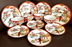 Antique 12 Piece Handcrafted Japanese Eggshell Bone China Cups, Saucers & Plates - Picture 1 of 12
