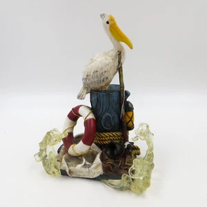 Fishing Friend Pelican on Pier Bollard Figurine 7" Resin Acrylic Waves Ring Pole - Picture 1 of 13
