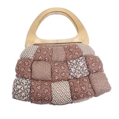 Handmade Quilted Patchwork Purse Sewing Bag w/ Wooden Handle Brown 1980s P05 - Image 1 of 4