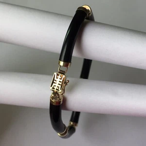 Q5708, New 14k Solid Yellow Gold Black Onyx Bracelet, 7”, Sign Of “Long Life” - Picture 1 of 2