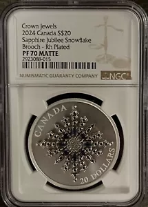 2024 $20 PF70 Canada Sapphire Jubilee Snowflake Brooch - Rh Plated NGC MATTE OGP - Picture 1 of 3