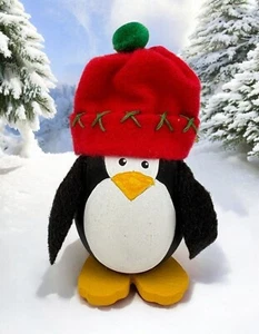 Handcrafted Wooden Penguin Christmas Figurine Festive Red Snow Hat Winter - Picture 1 of 7