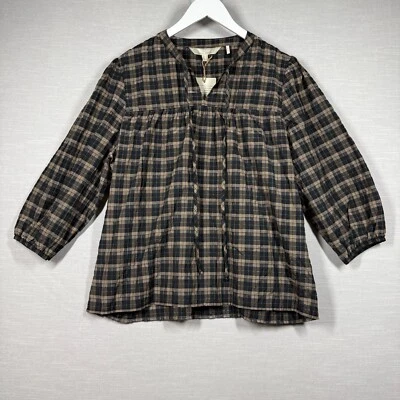 Barbour Blouse Womens 12 Brown Flowy Boho Peasant Striped Plaid Romantic Casual - Image 1 of 4