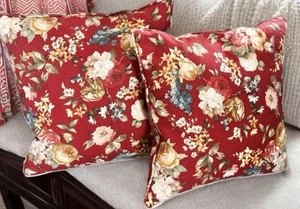 Red Floral Country Cottage Core Feather Downed Throw Pillows 17x15 Set Of 2 - Picture 1 of 7